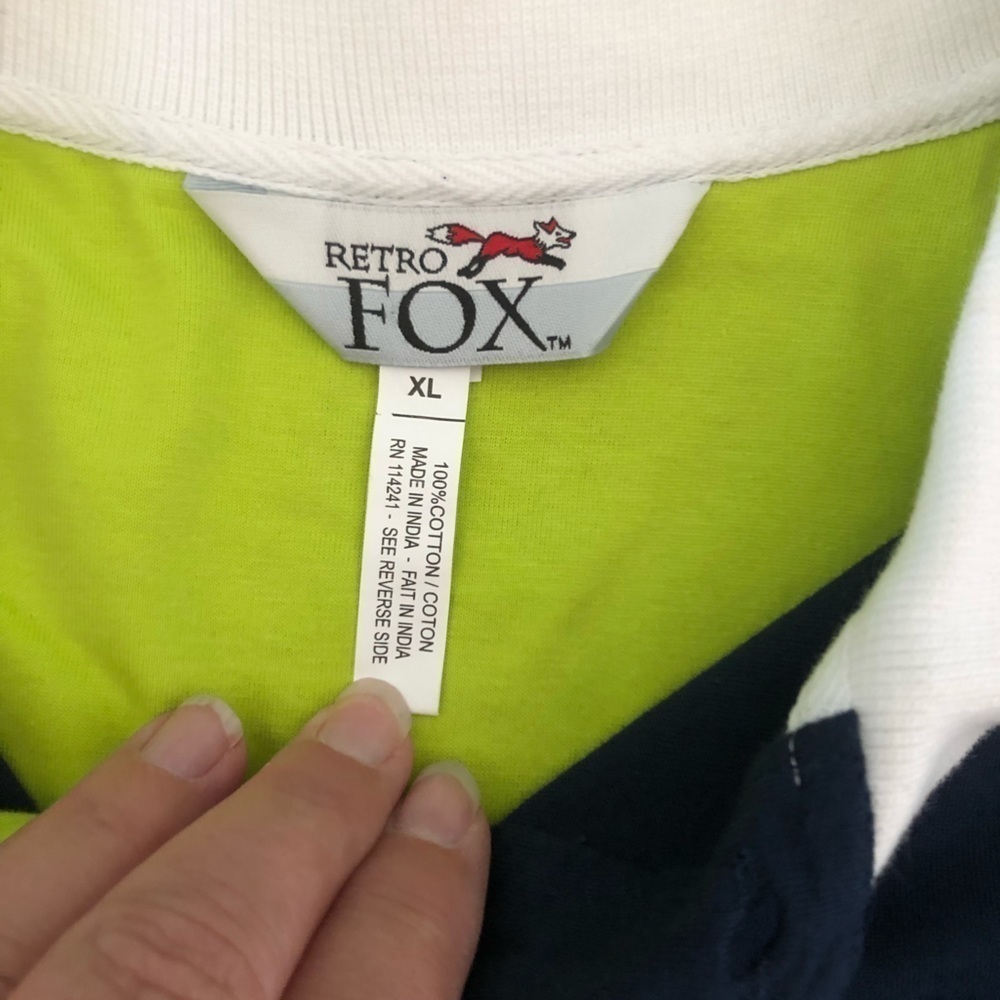 Mens Retro Fox Polo in Highlighter Yellow and Navy Colorblock Size XL 80s - Picture 5 of 8